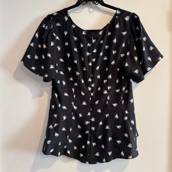 Rebecca Taylor Silk Peplum Blue Floral Top Black Textured Flutter Sleeve Sz 6 - Picture 7 of 7